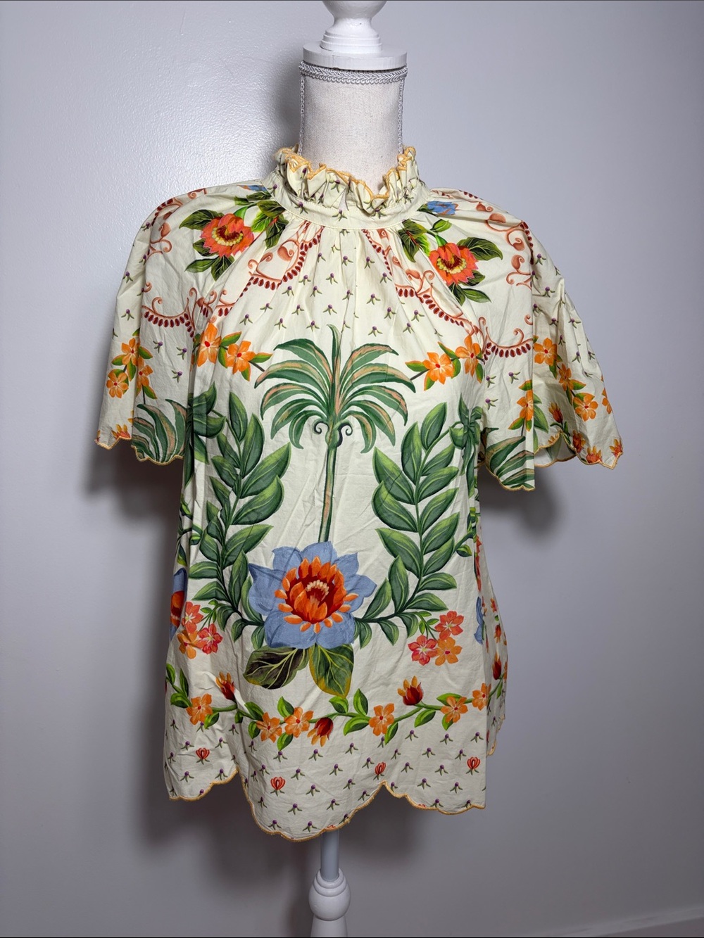 Farm Rio Floral Ruffled Neck Short Sleeve Top - Cream/Green/Orange Medium